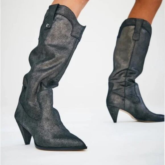 Larroude Shoes - Women's Larroude Louise Leather Graphite Metallic Oil Shiny Slouchy Boot sz 9